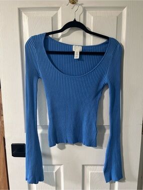 H&M Blue Ribbed Knit Long Sleeve Top Scoop Neck XS